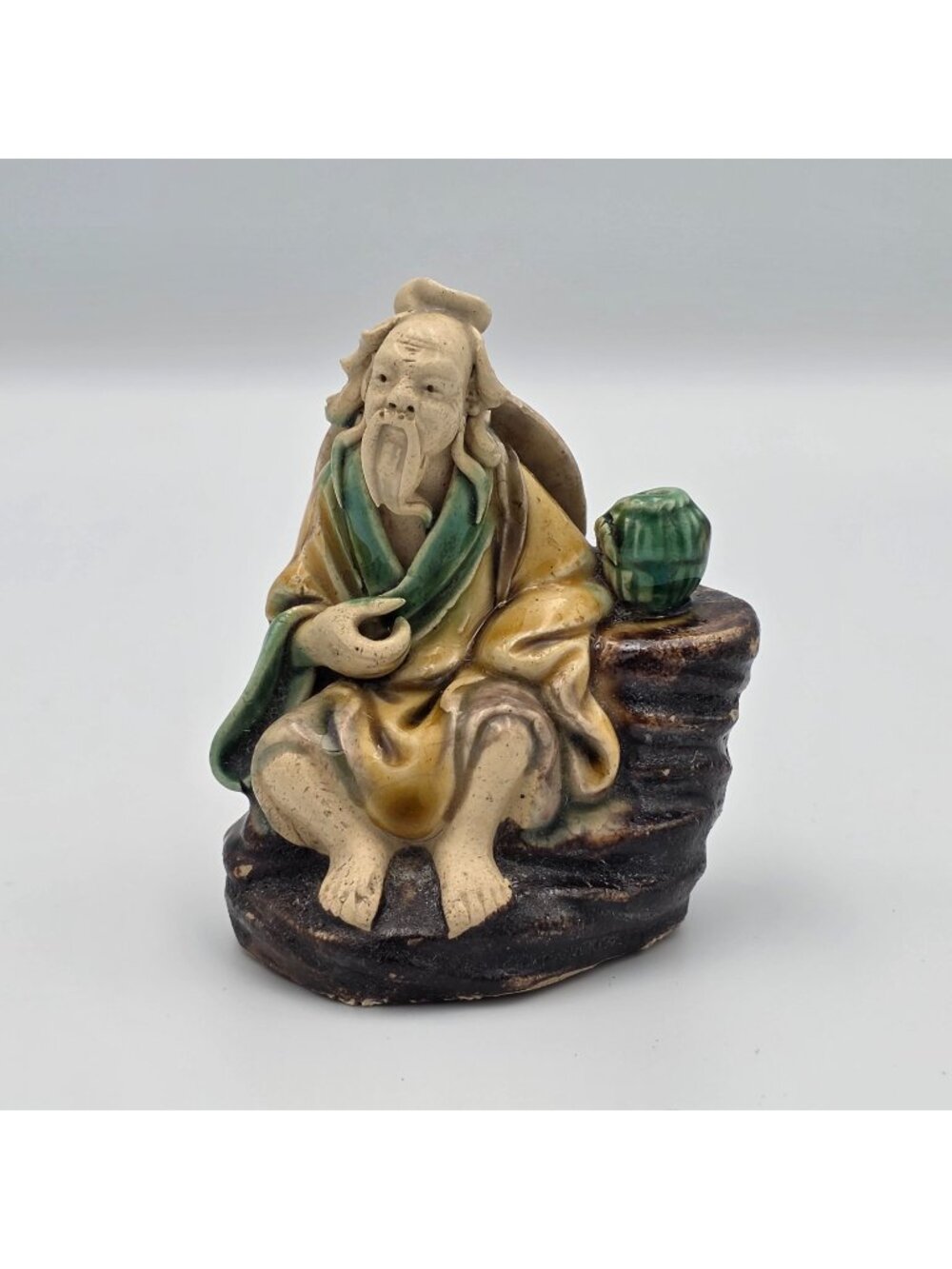 Vintage Chinese Mudman Figurine Sitting Scholar With Glaze Accents Signed
